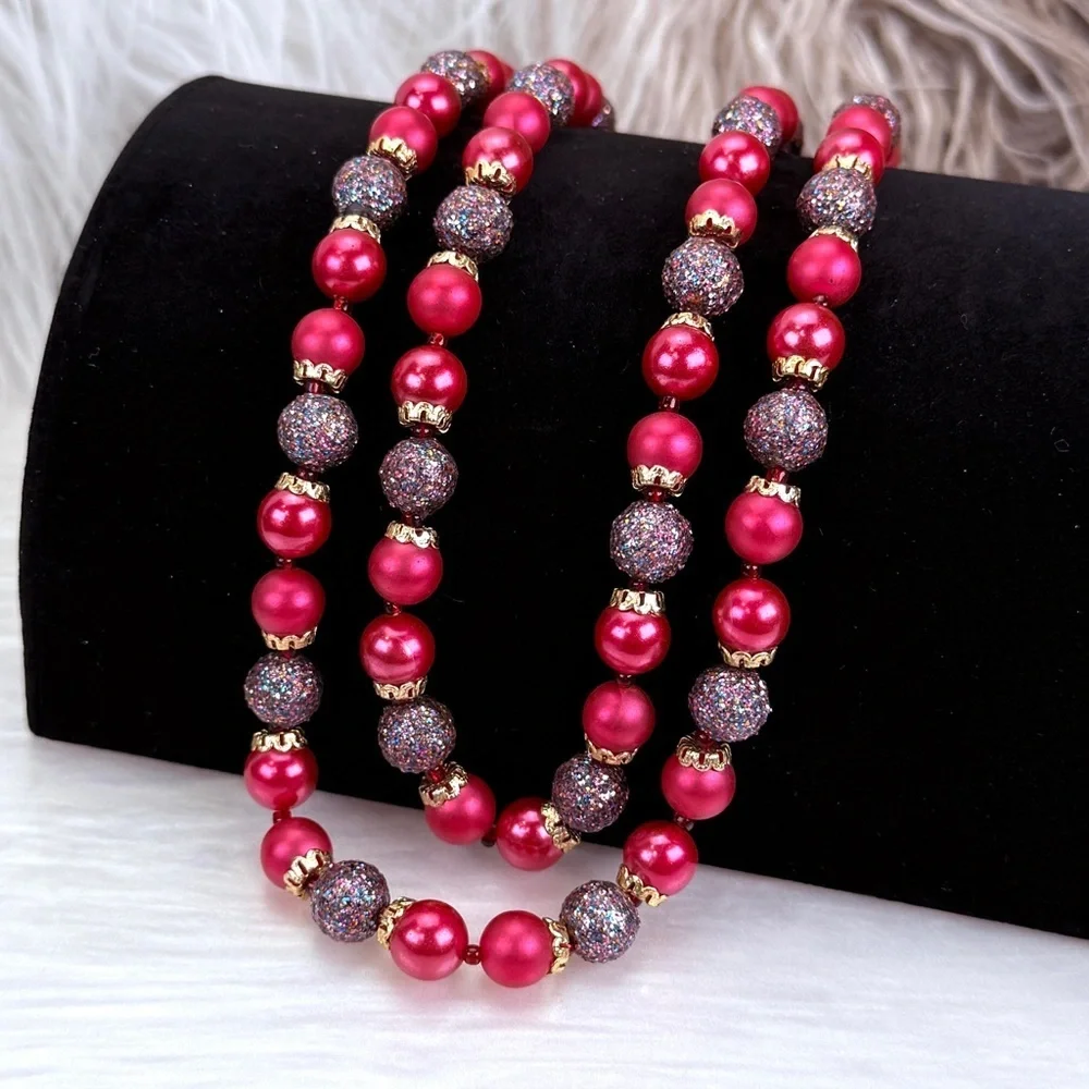 Vintage Japan Double Strand Pink Bead Statement Necklace Gold Tone
